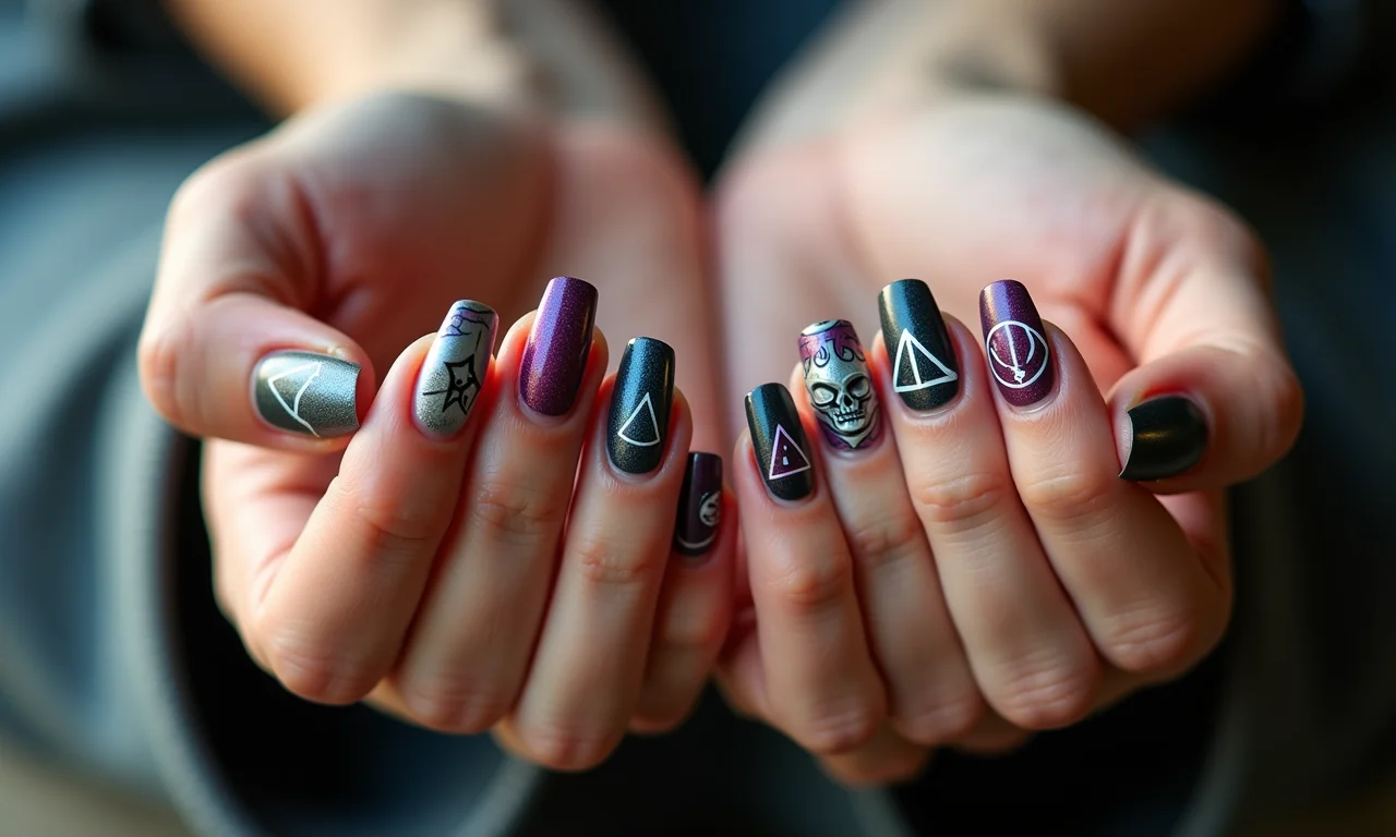 Detalhe de unhas decoradas com nail art temática de Harry Potter.