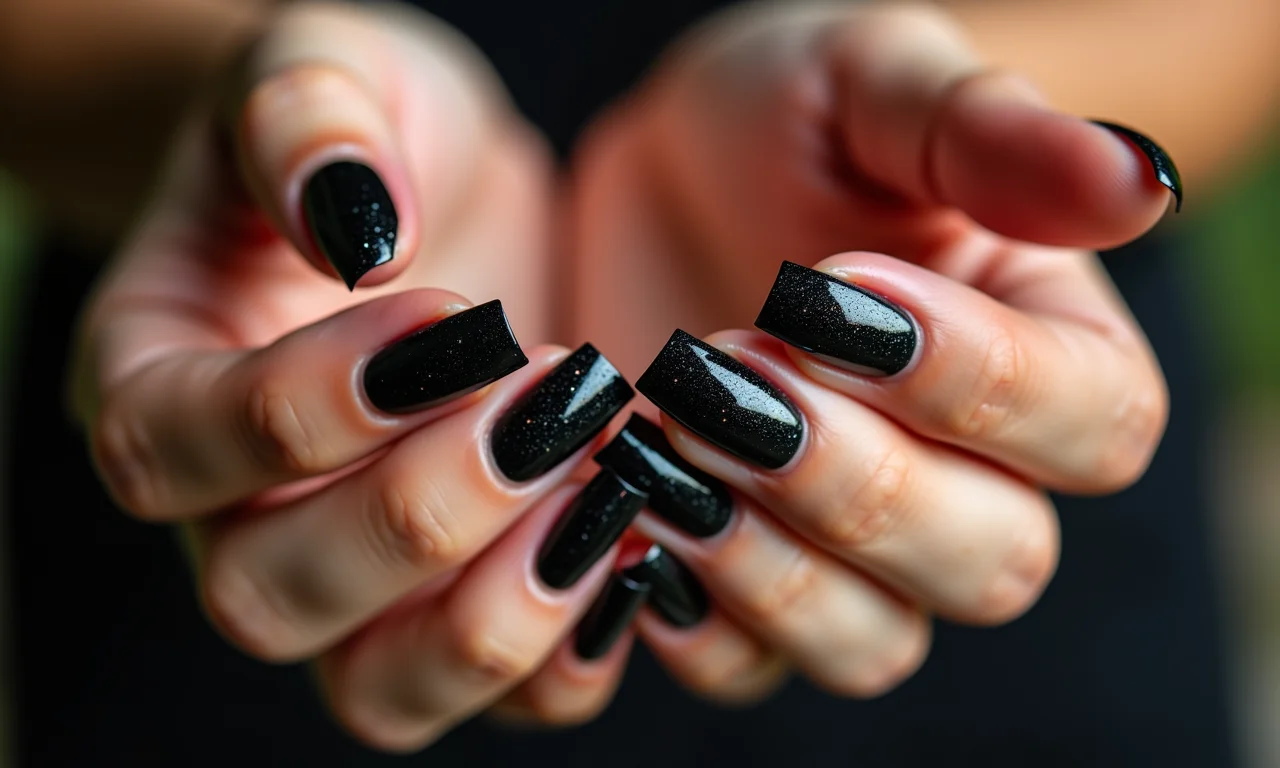 Detalhe de unhas pretas com glitter, arte elegante e ousada.
