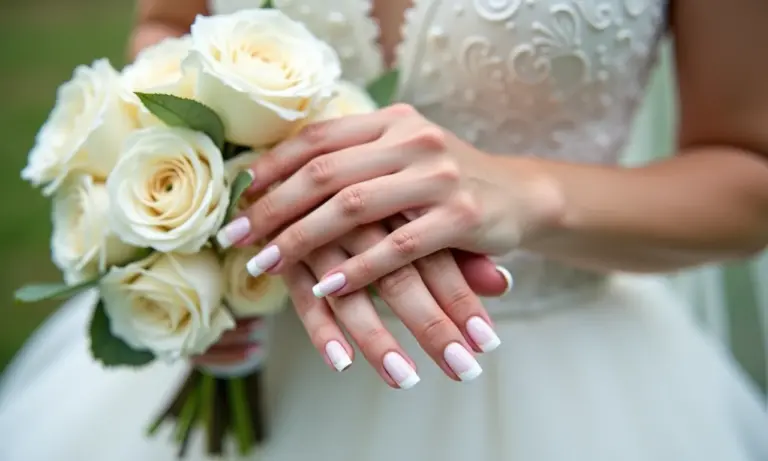 Detalhe elegante de unhas francesinhas para noiva, perfeitas para o dia do casamento.
