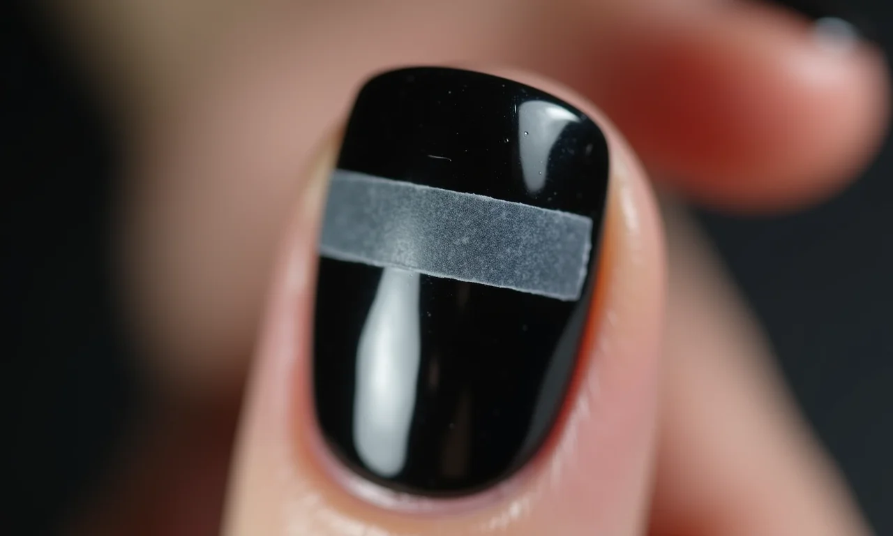 Detalhe geométrico com fita adesiva em unhas pretas.
