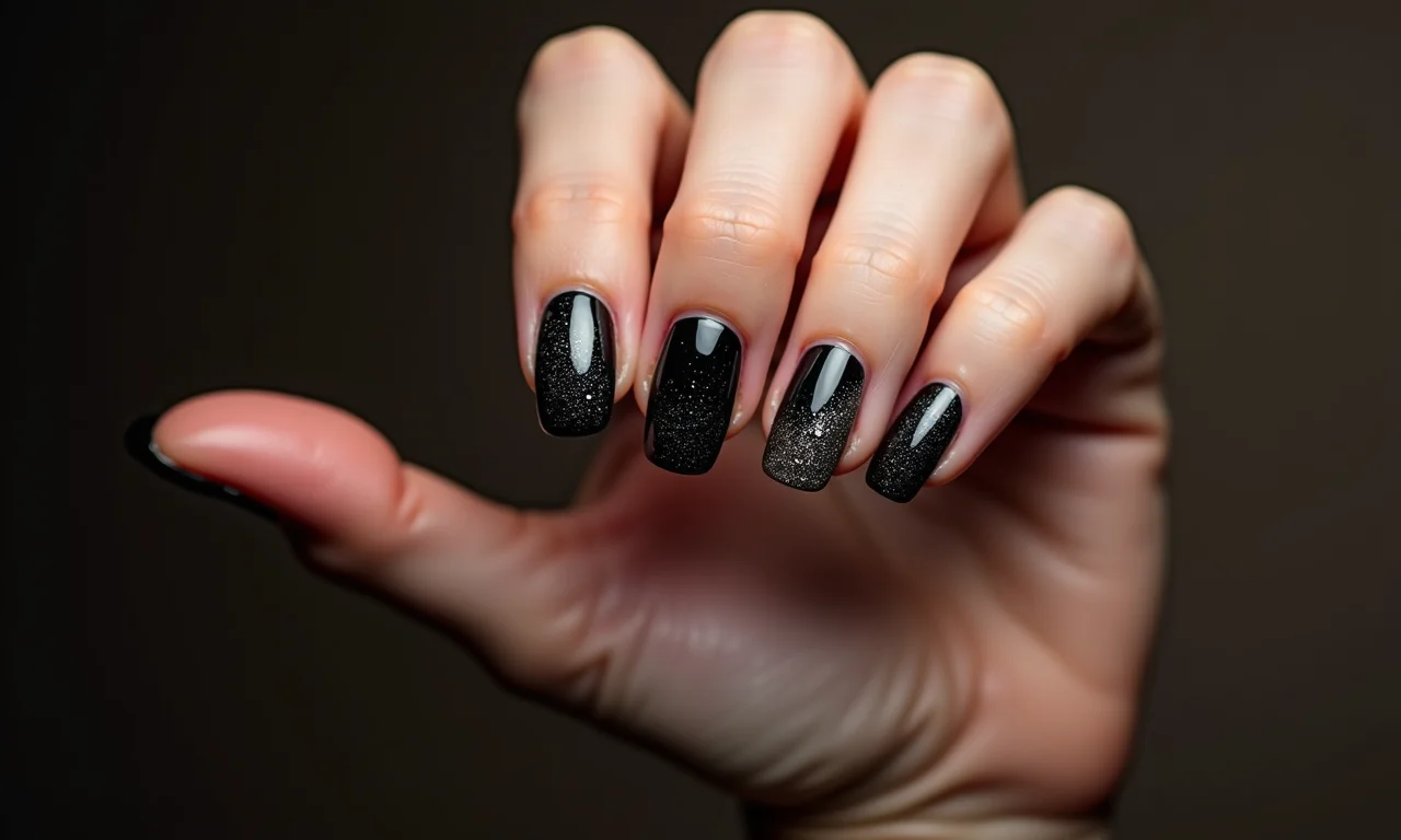 Detalhes com brilho e glitter em unhas pretas.