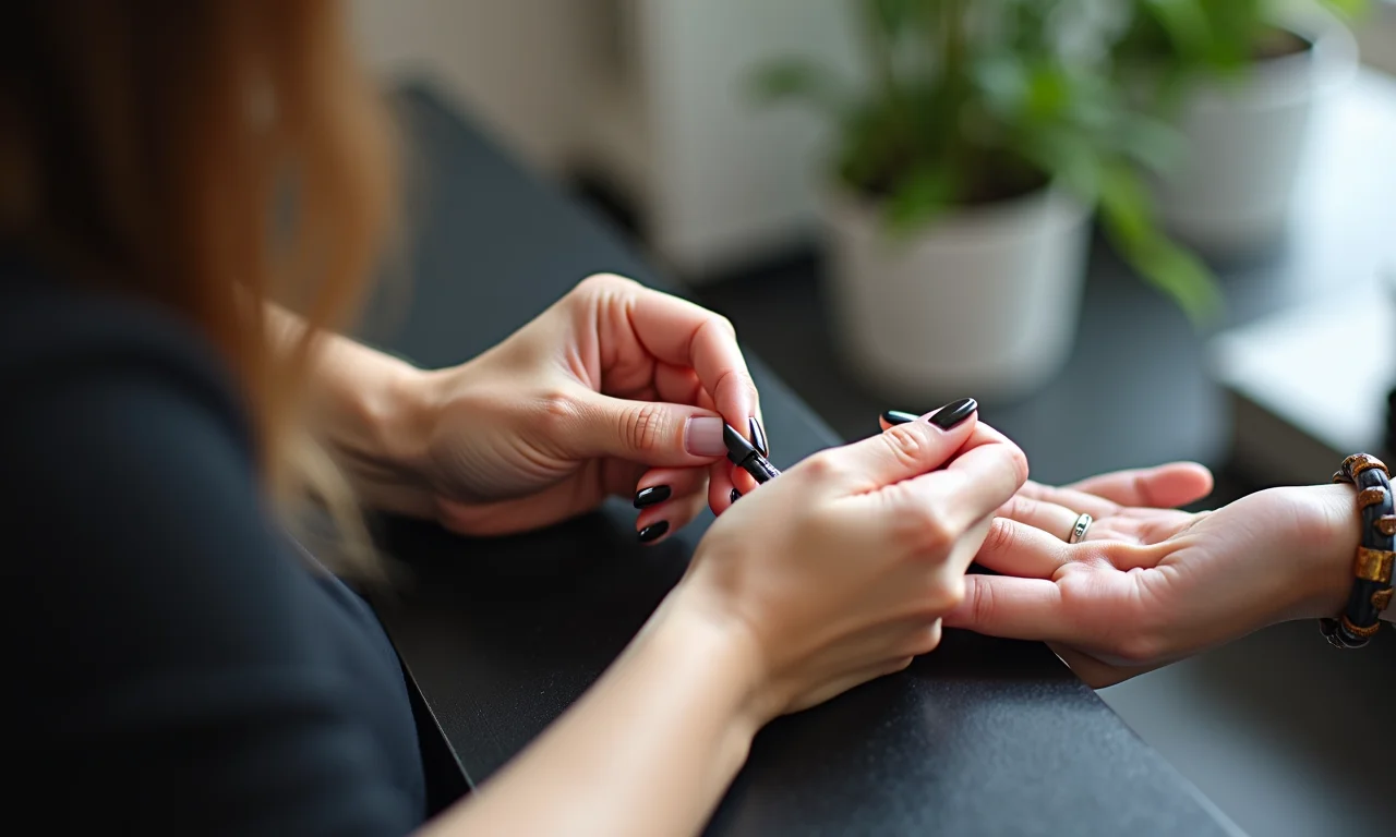 Dicas da especialista: mãos de manicure aplicando esmalte preto.