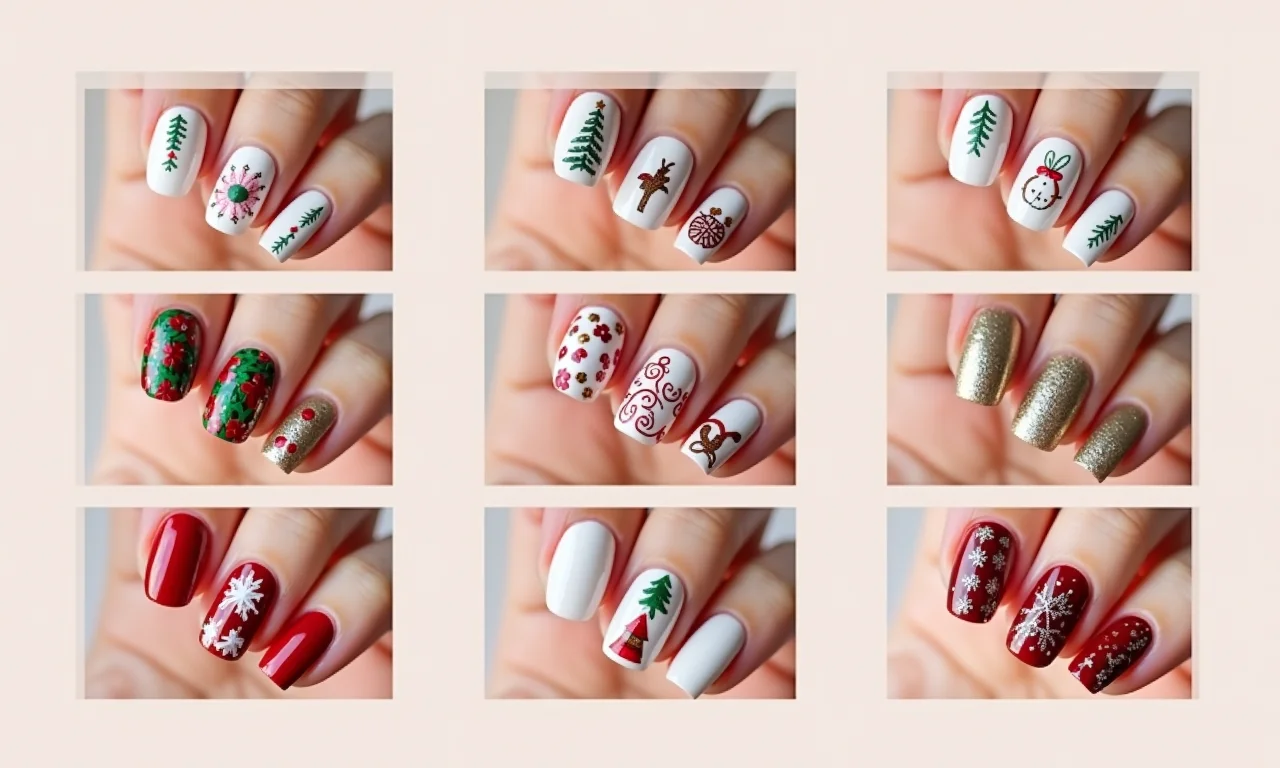 Diferentes formatos de unha com decorações natalinas.