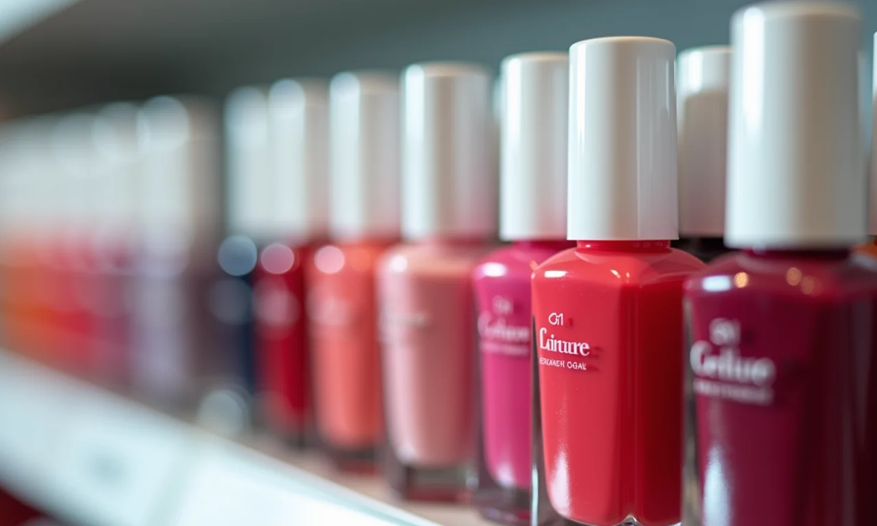 Diferentes tipos de esmalte em frascos organizados.