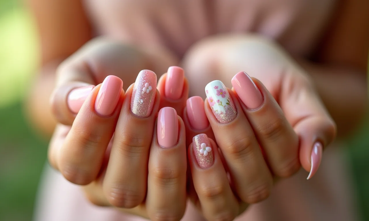 Diversas mãos exibindo unhas de gel redondas decoradas.
