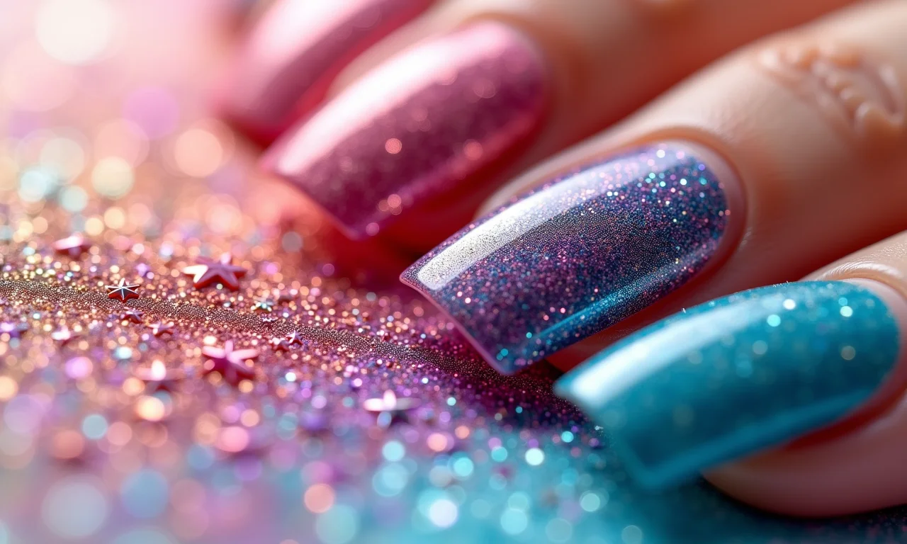 Diversidade de opções de esmaltes com glitter para unhas.
