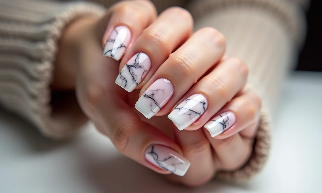 Efeito mármore em unhas de gel quadradas.