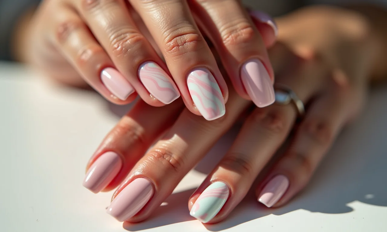 Efeito marmorizado elegante em unhas de gel.