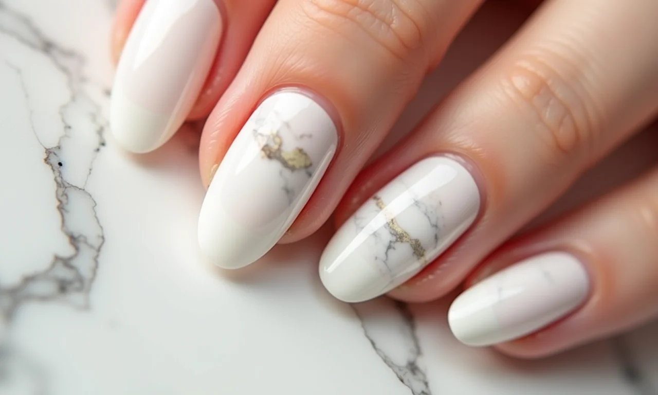 Efeito marmorizado em unhas almond brancas.