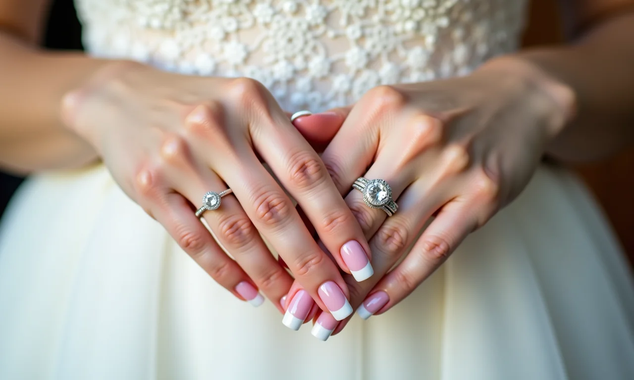 Elegante francesinha tradicional adornando as unhas de uma noiva.