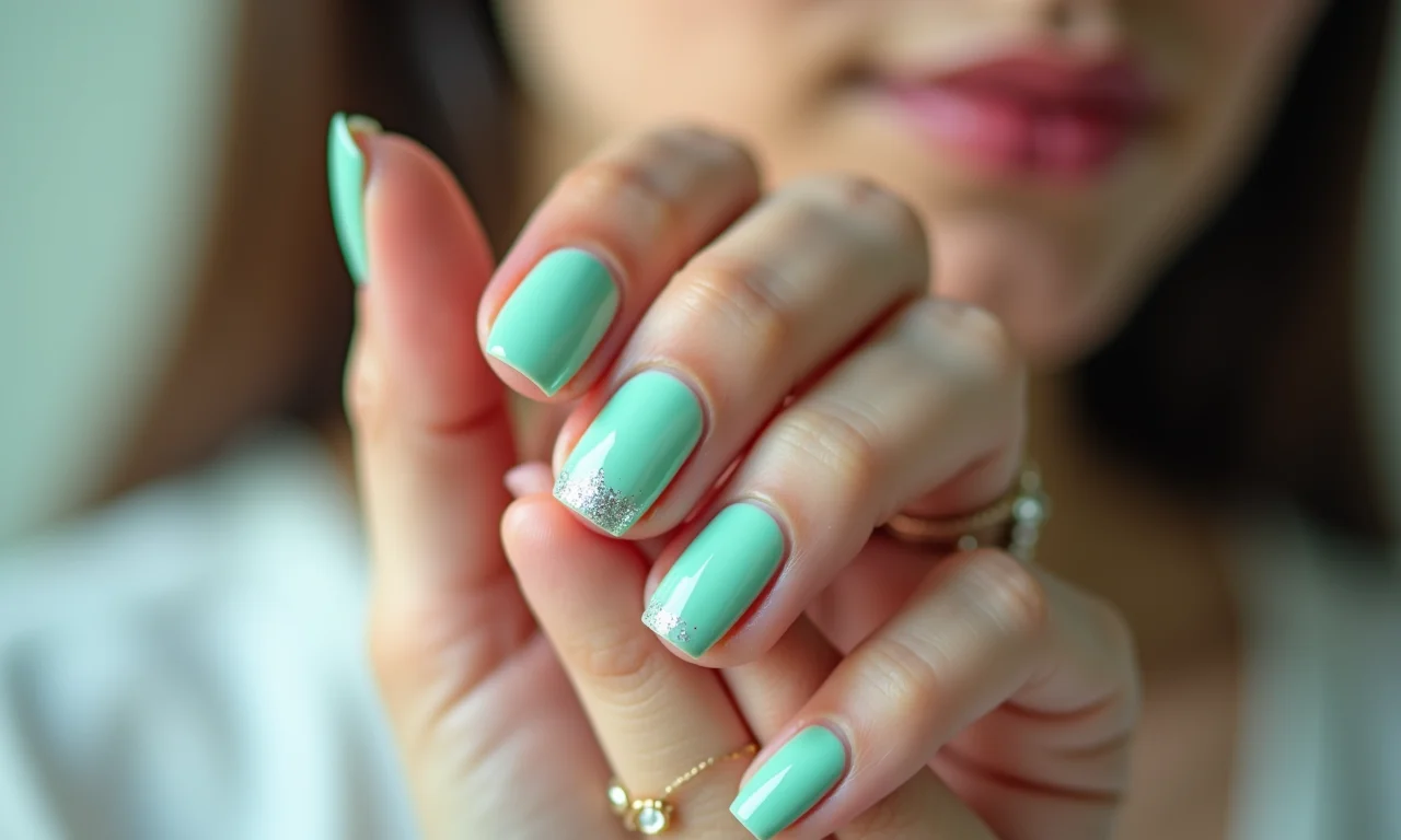 Elegante unha verde água com glitter, transmitindo leveza e frescor.