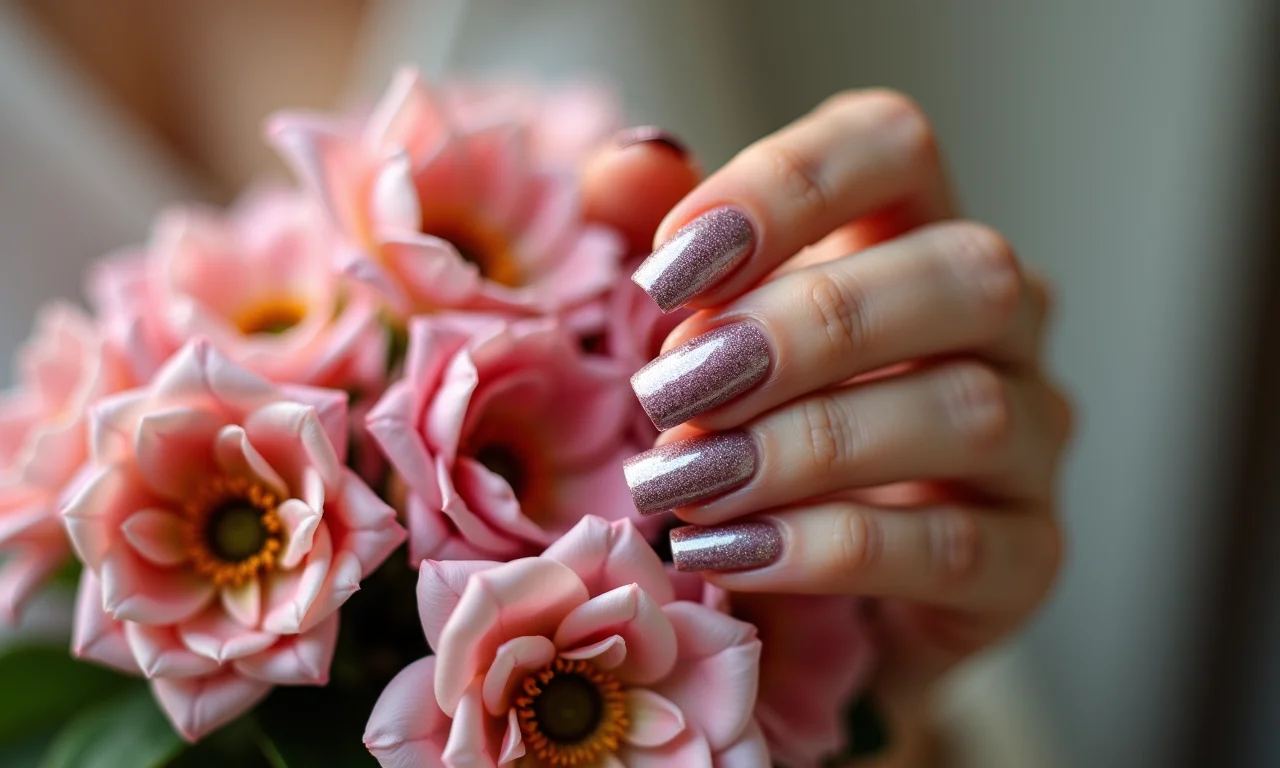 Esmalte cintilante e buquê de flores.