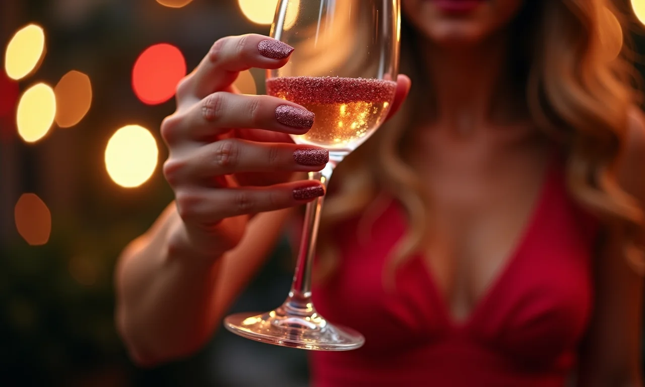 Esmalte com glitter e taça de champanhe.