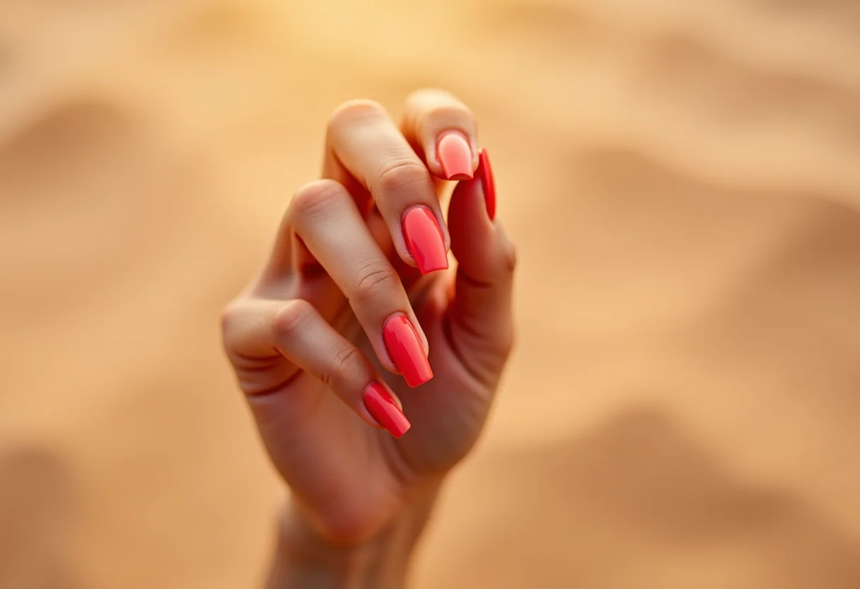 Esmalte coral vibrante realçando o bronzeado na praia