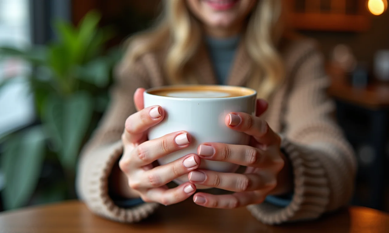 Esmalte creme clarinho em mãos femininas