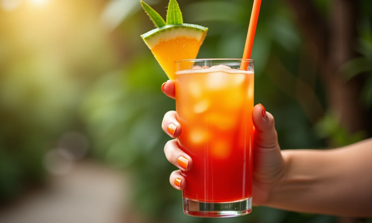 Esmalte laranja vibrante e drink tropical.