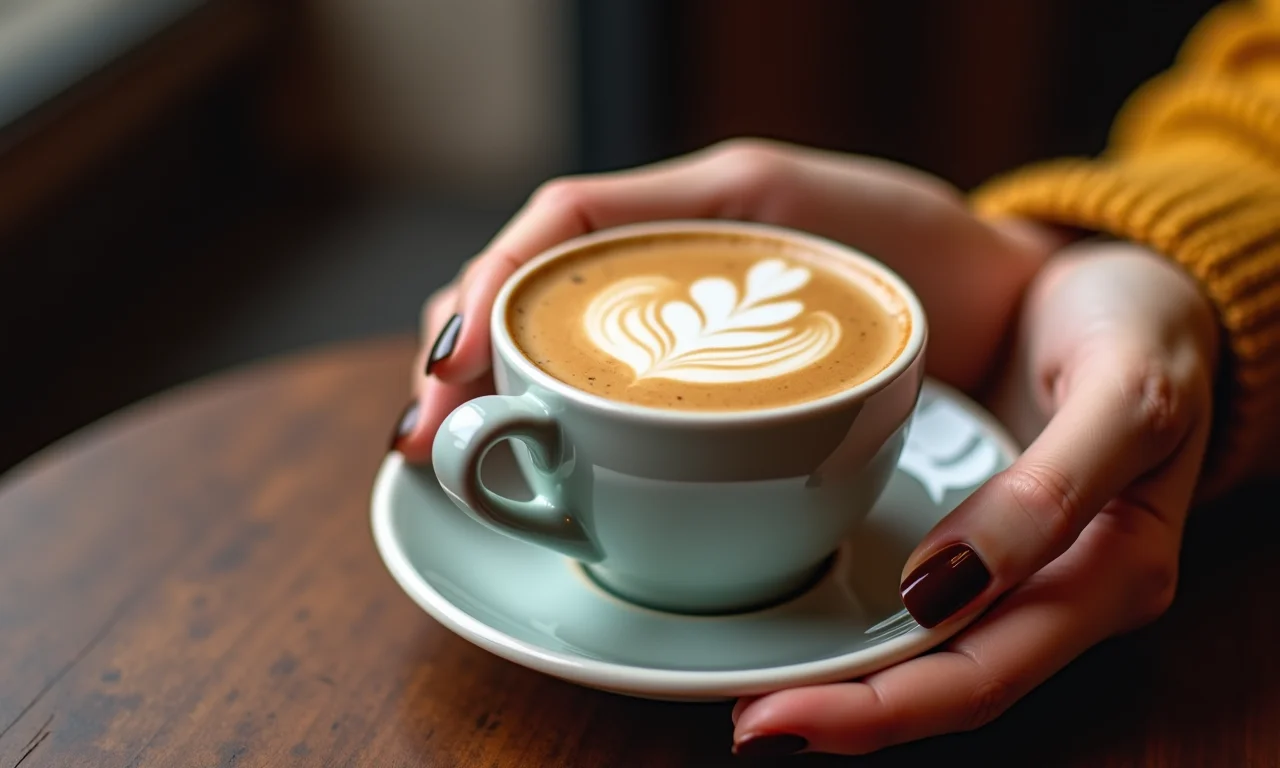 Esmalte marrom e xícara de café.