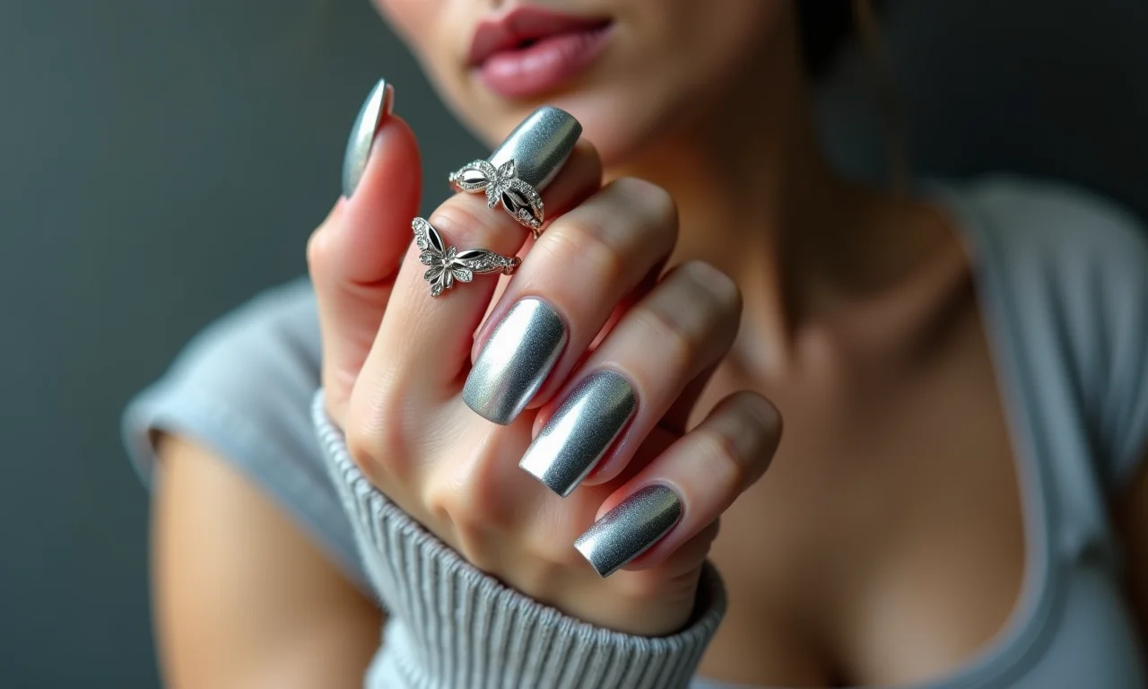 Esmalte metálico prateado e joias futuristas.