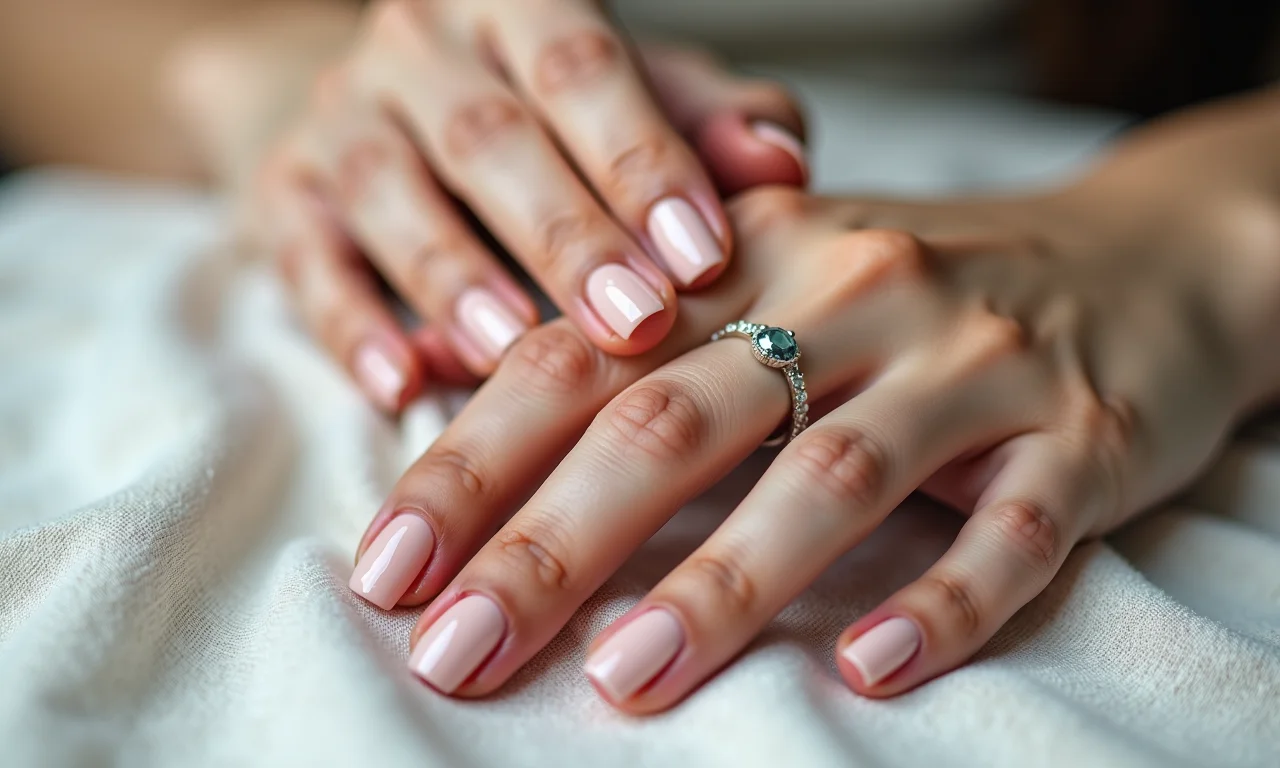 Esmalte nude e joias delicadas.