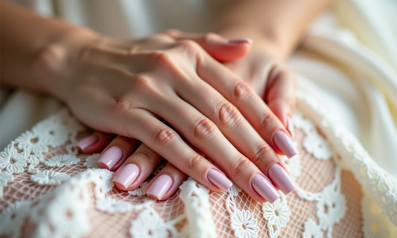 Esmalte Risqué cor de renda em mão sobre tecido delicado.