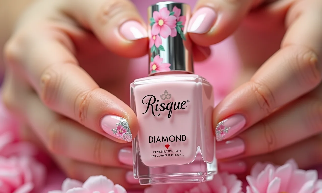 Esmalte Risqué Diamond Gel realçado com unhas florais.