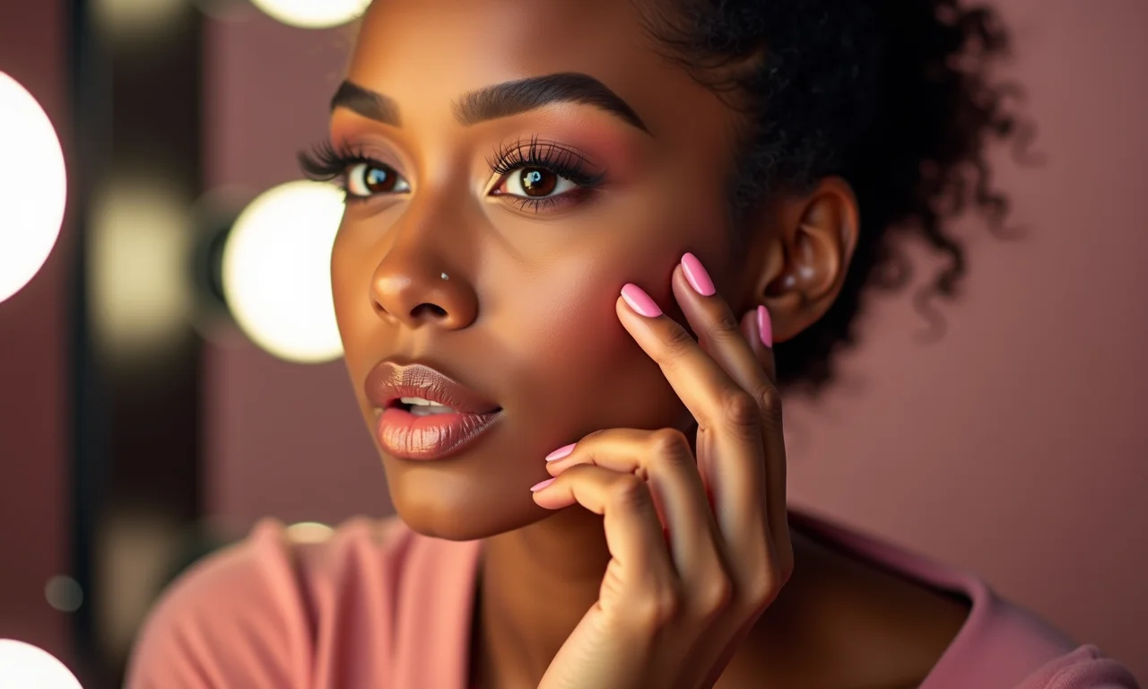 Esmalte rosa pink e maquiagem.