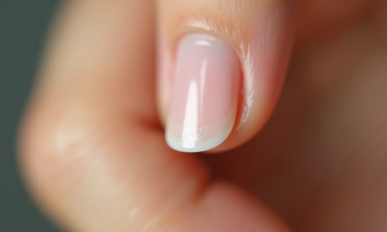 Esmalte transparente em mão bronzeada, mostrando unha natural.