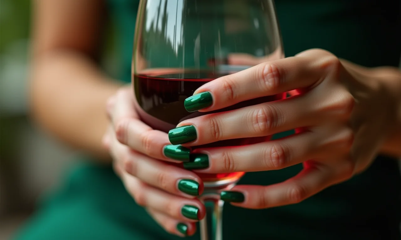 Esmalte verde esmeralda e taça de vinho.