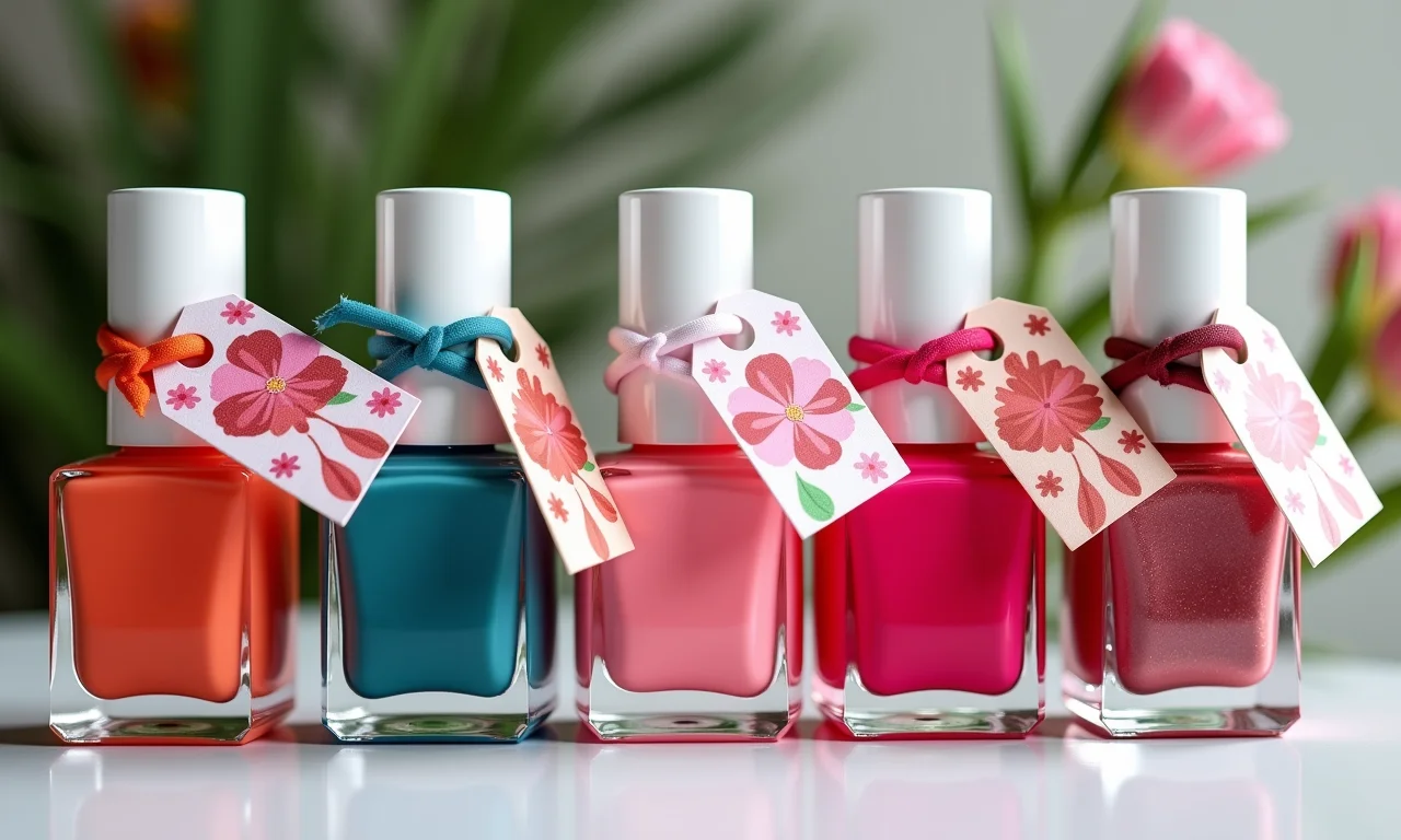 Esmaltes com tags coloridas e estampadas.