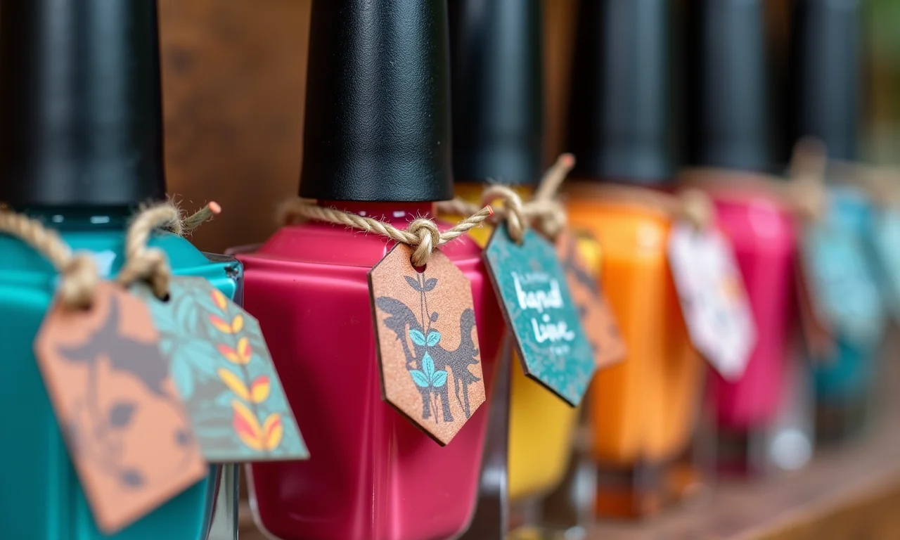 Esmaltes com tags personalizadas criativas para lembrancinhas.