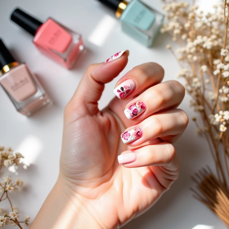 Esmaltes e flores secas para unhas decoradas.
