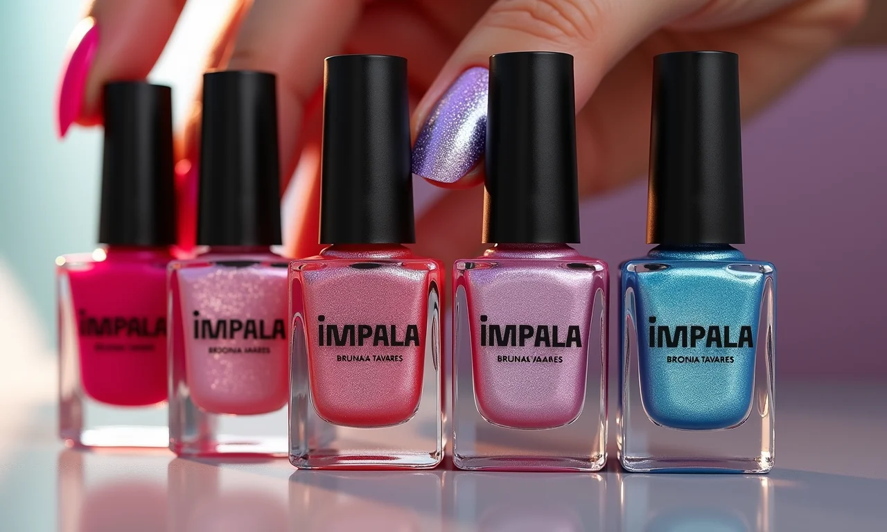 Esmaltes Impala Coleção Bruna Tavares, mostrando efeito holográfico.