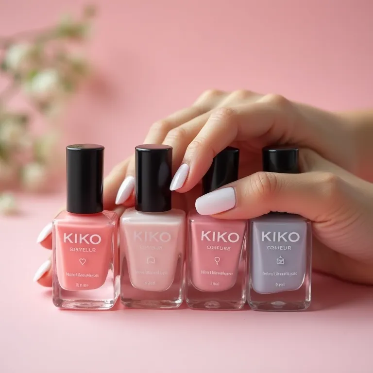 Esmaltes Kiko em tons pastel, criando uma atmosfera romântica.