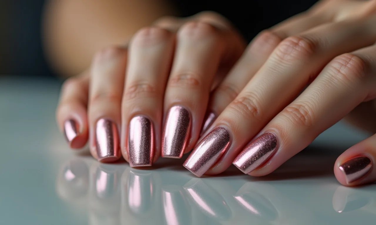 Esmaltes metalizados em unhas de gel.