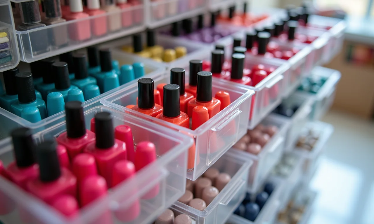 Esmaltes organizados em caixas transparentes.