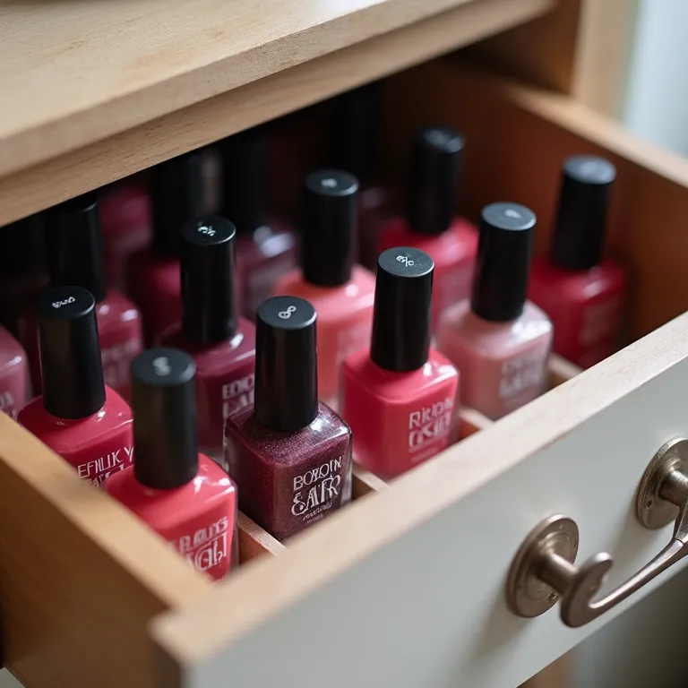 Esmaltes organizados em gaveta com divisórias.