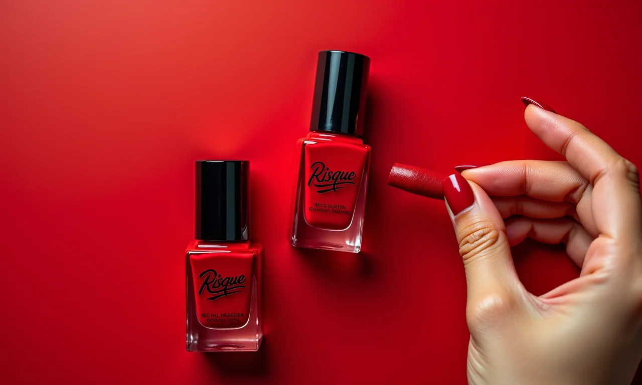 Esmaltes vermelhos Risqué com batom e mão feminina.