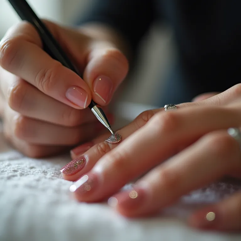 Especialista aplicando glitter em unhas para o Réveillon.