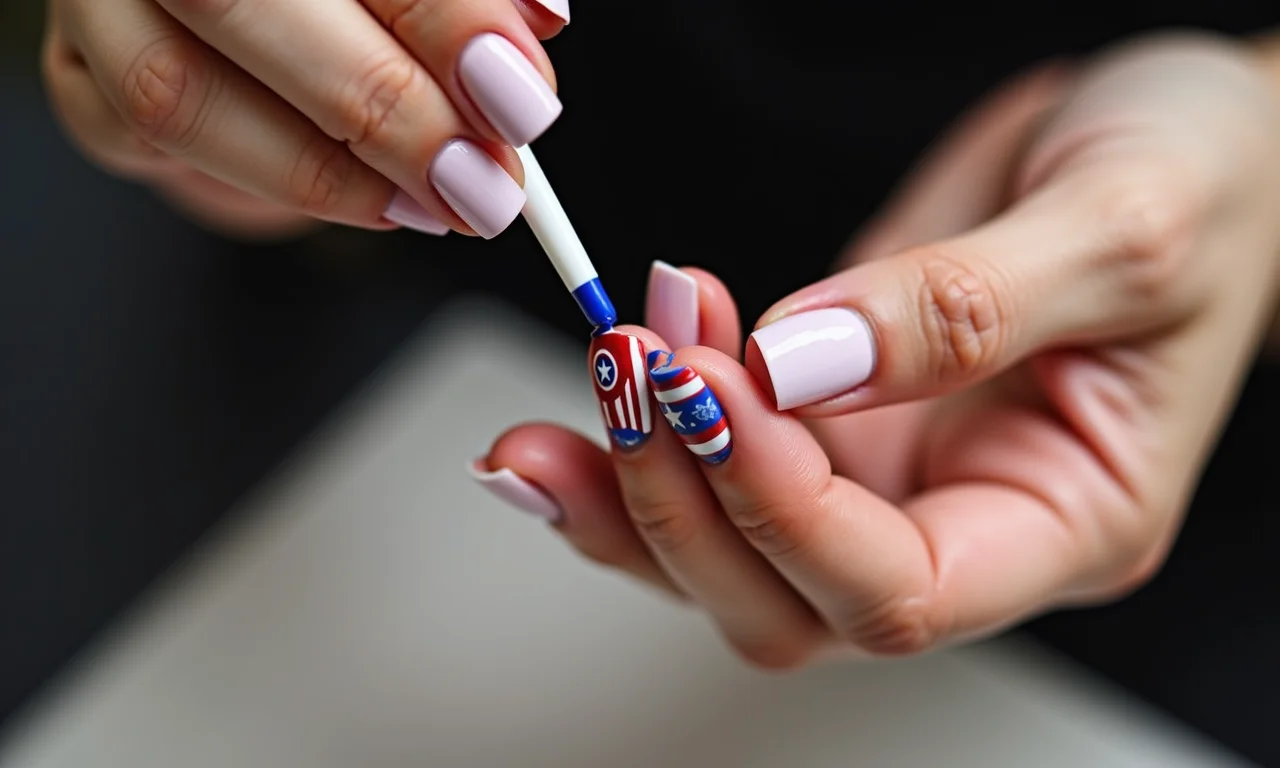 Especialista aplicando top coat em unha decorada Capitão América.