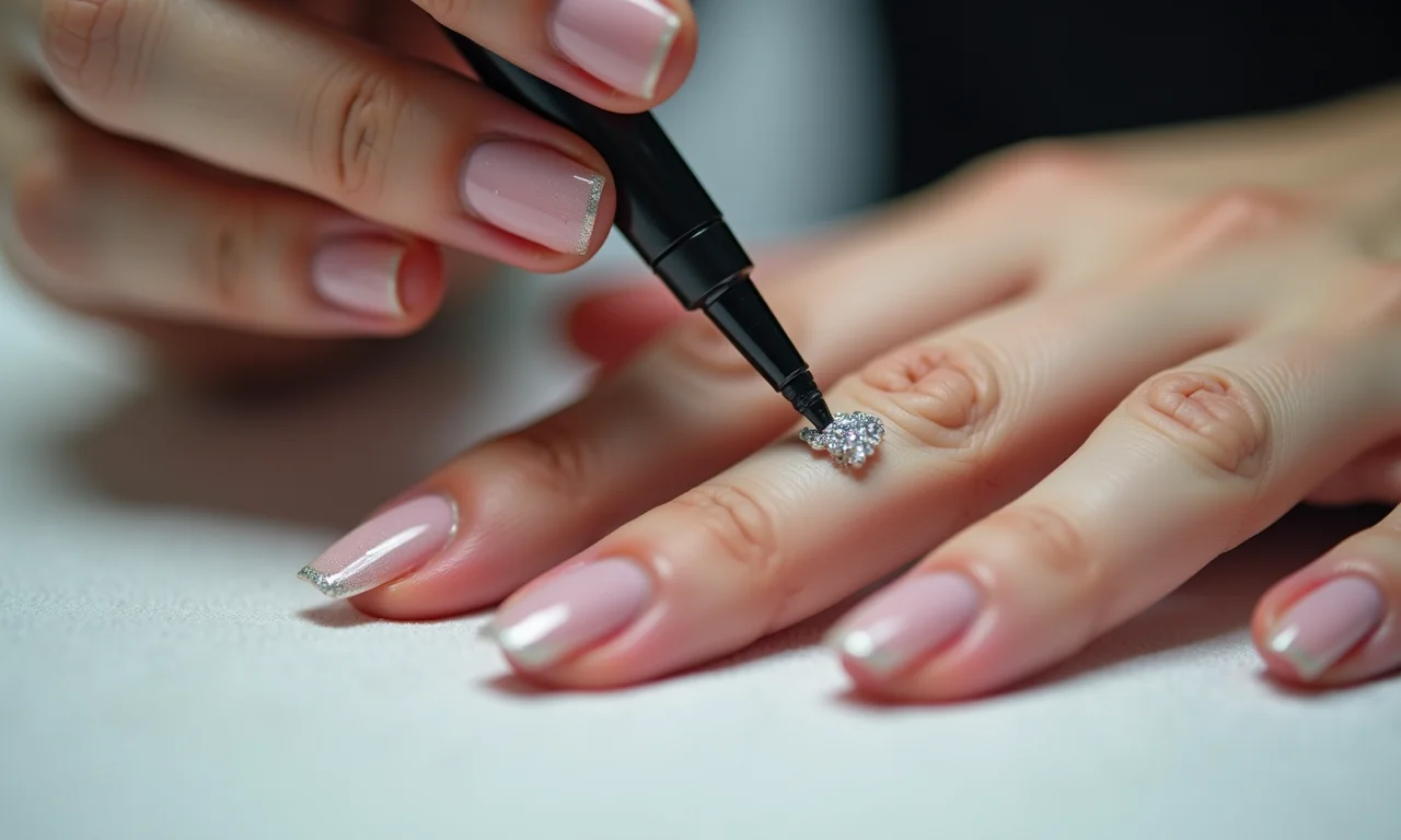 Especialista aplicando top coat em unhas decoradas de noiva.