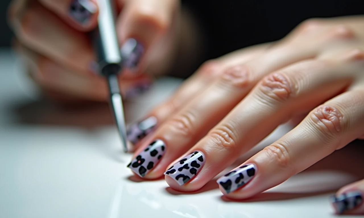 Especialista demonstrando técnicas de nail art com estampa animal.