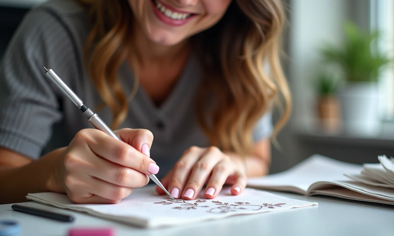 Especialista em unhas demonstrando técnica de bordado.