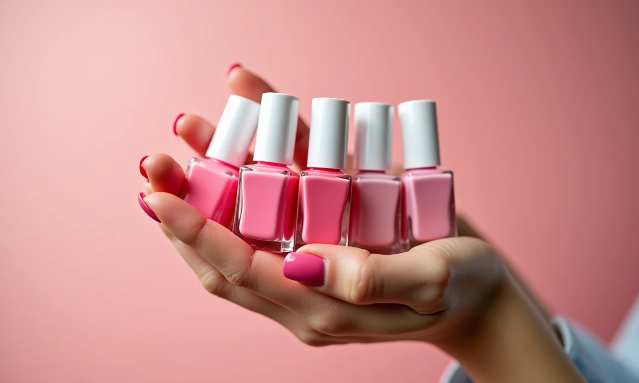 Especialista mostrando esmaltes rosa para unhas.
