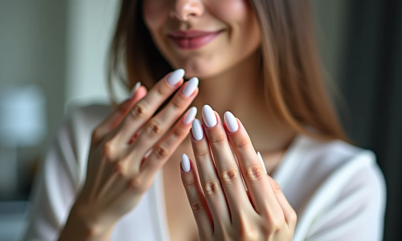 Especialista mostrando unhas almond brancas.