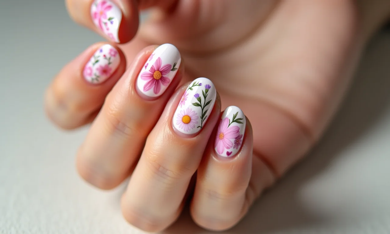 Estampas florais em unhas curtas.