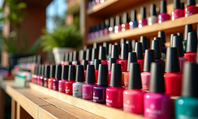 Exposição colorida e organizada de esmaltes, com decoração vibrante estilo Farm Rio.