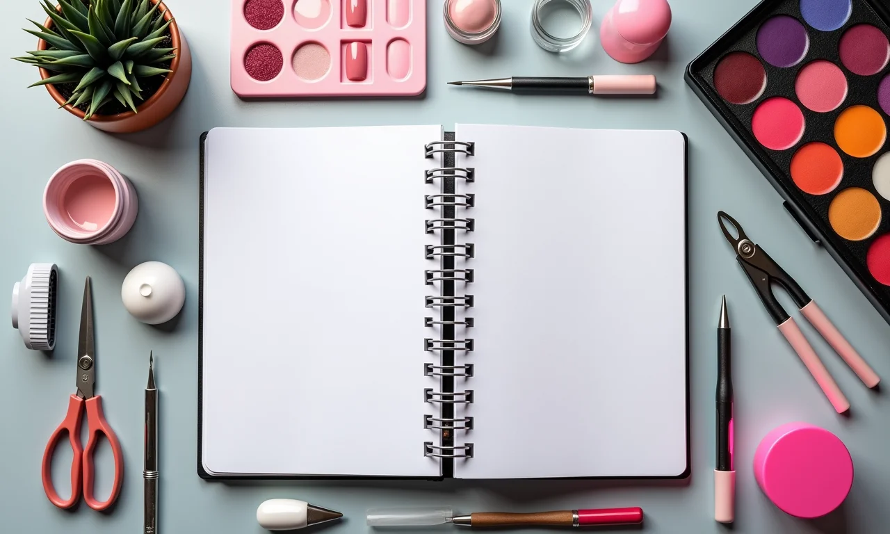 Ferramentas de nail art e caderno com designs.