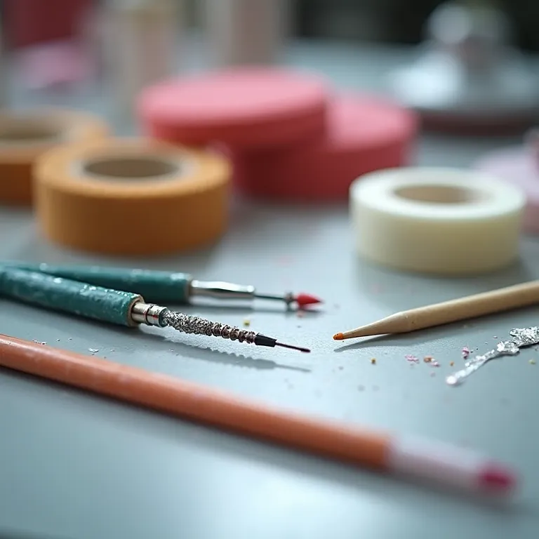 Ferramentas essenciais para nail art: boleador, esponjas e fitas.