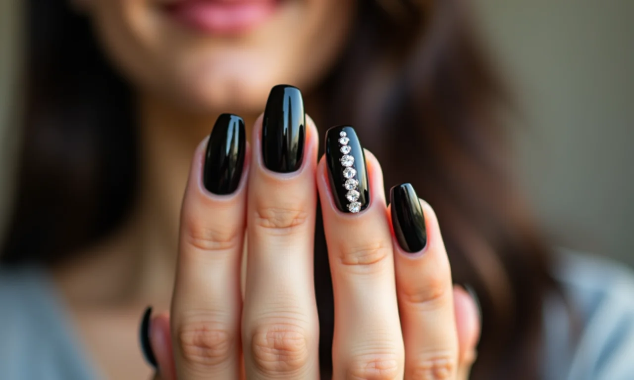 Filha única com detalhe em strass nas unhas pretas.