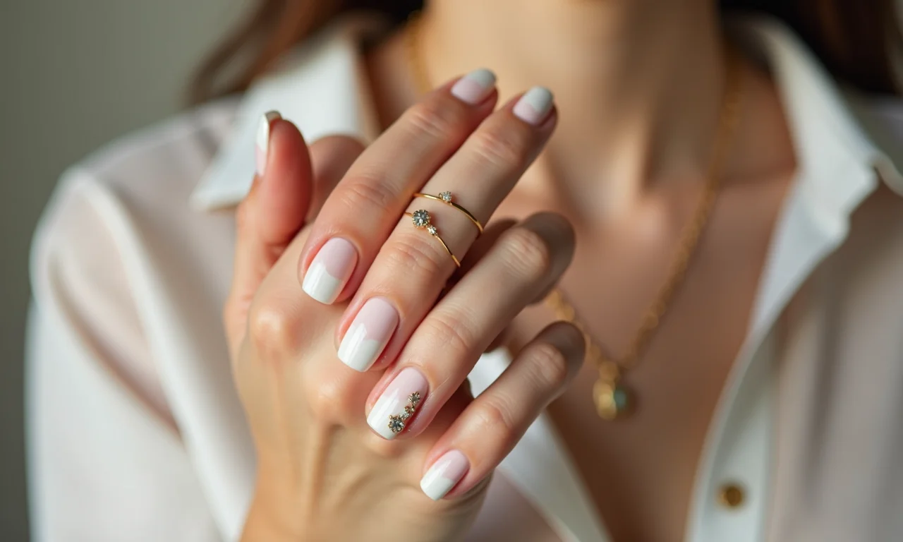 Filha única com detalhes delicados em unhas almond brancas.